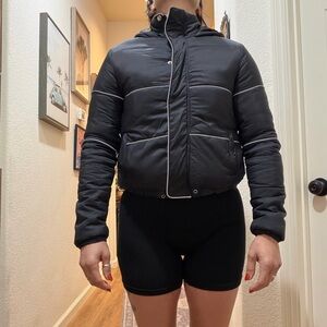 Cropped Puffer Jacket with White Reflective Accents